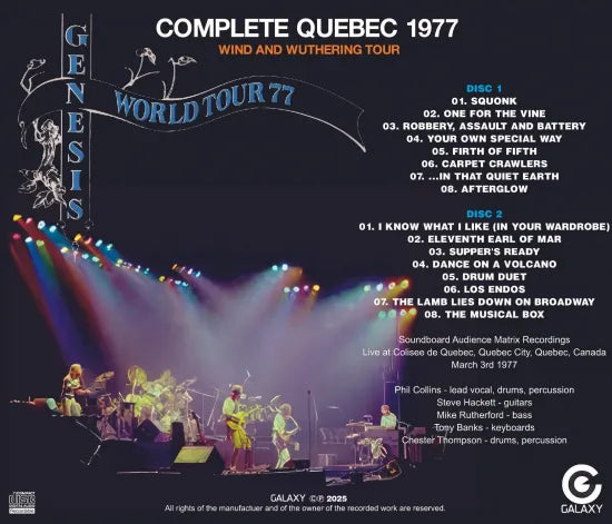 GENESIS / COMPLETE QUEBEC 1977 WIND AND WUTHERING TOUR SOUNDBOARD (2CDR)