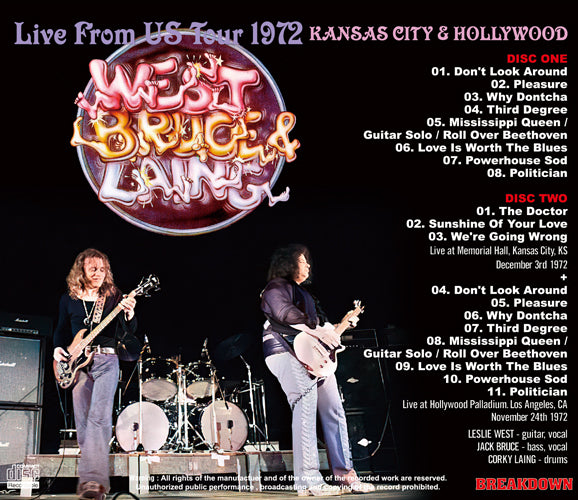 WEST, BRUCE & LAING / LIVE FROM US TOUR 1972 KANSAS CITY & HOLLYWOOD (2CDR)