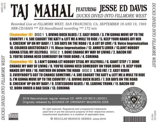 TAJ MAHAL FEATURING JESSE ED DAVIS / DUCKS DIVED INTO FILLMORE WEST (3CDR)