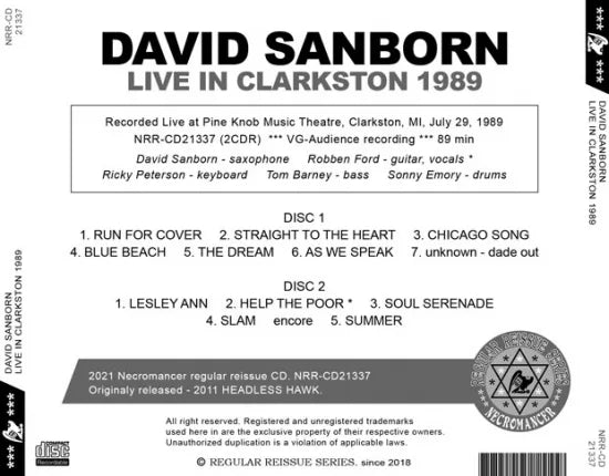 DAVID SANBORN / LIVE IN CLARKSTON 1989 (2CDR)