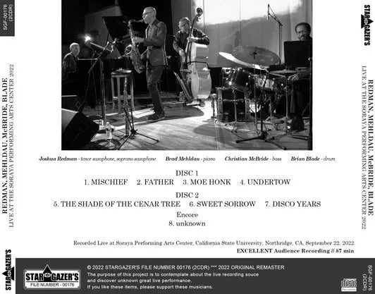 REDMAN, MEHLDAU, McBRIDE, BLADE / LIVE AT THE SORAYA PERFORMING ARTS CENTER 2022 (2CDR)