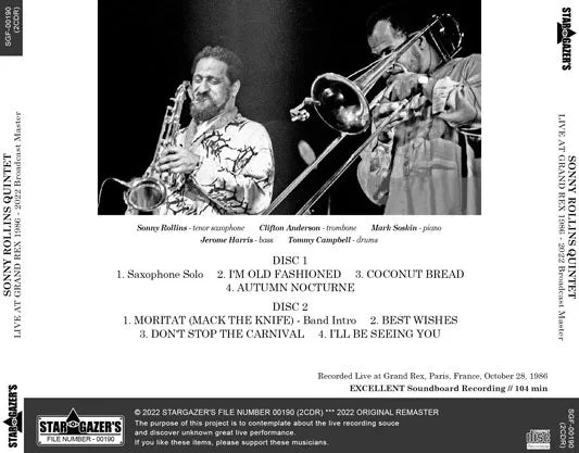 SONNY ROLLINS QUINTET / LIVE AT GRAND REX 1986 2022 Broadcast Master (2CDR)