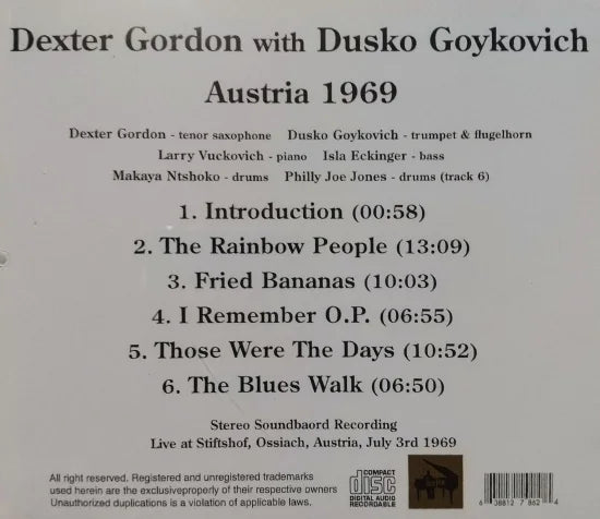 Dexter Gordon with Dusko Goykovich / Austria 1969 STEREO SOUNDBOARD (1CDR)