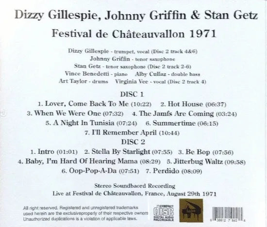 Dizzy Gillespie, Johnny Griffin & Stan Getz / Festival de Châteauvallon 1971 STEREO SOUNDBOARD (2CDR)