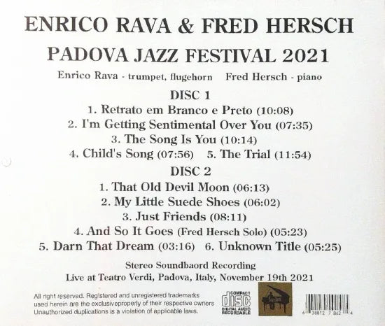 ENRICO RAVA & FRED HERSCH / PADOVA JAZZ FESTIVAL 2021 STEREO SOUNDBOARD (2CDR)