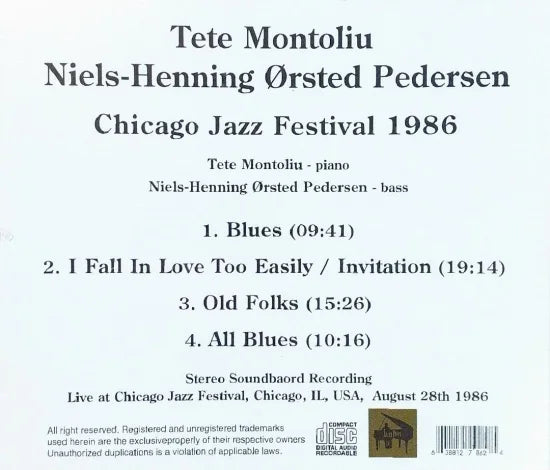 Tete Montoliu Niels-Henning Ørsted Pedersen / Chicago Jazz Festival 1986 STEREO SOUNDBOARD (1CDR)