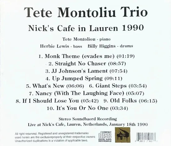 Tete Montoliu Trio / Nick's Cafe in Lauren 1990 STEREO SOUNDBOARD (1CDR)