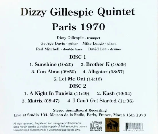 Dizzy Gillespie Quintet / Paris 1970 STEREO SOUNDBOARD (2CDR)