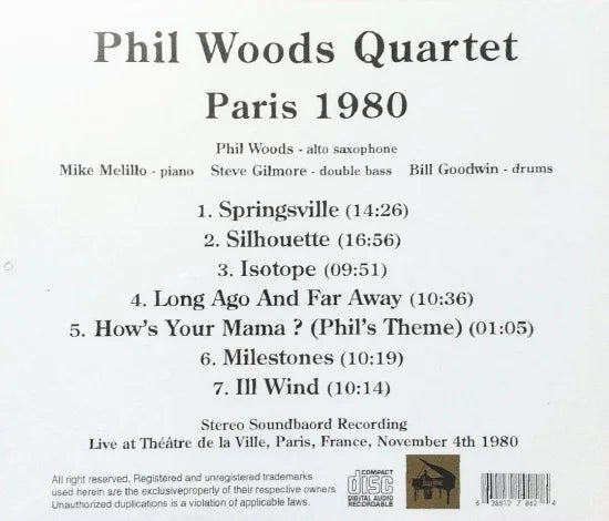 PHIL WOODS QUARTET / Paris 1980 STEREO SOUNDBOARD (1CDR)