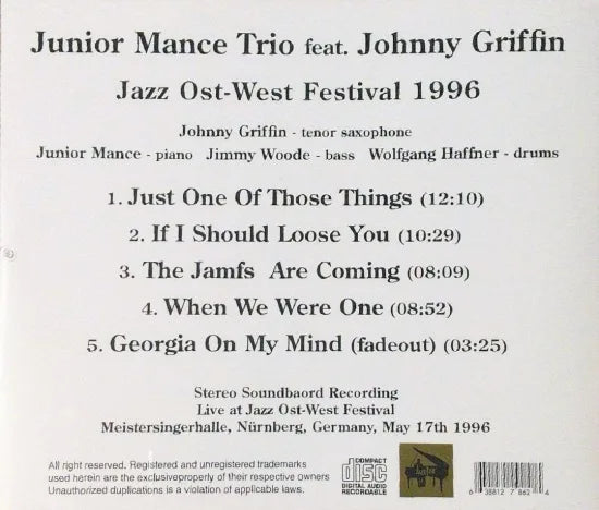 Junior Mance Trio feat. Johnny Griffin / Jazz Ost-West Festival 1996 STEREO SOUNDBOARD (1CDR)