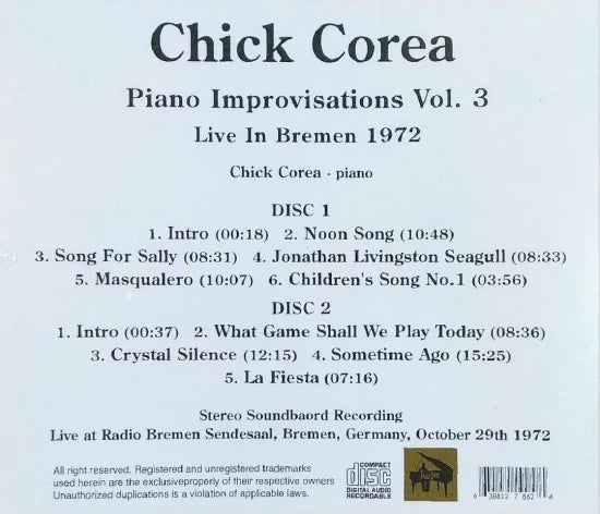 Chick Corea / Piano Improvisations Vol.3 STEREO SOUNDBOARD (2CDR)