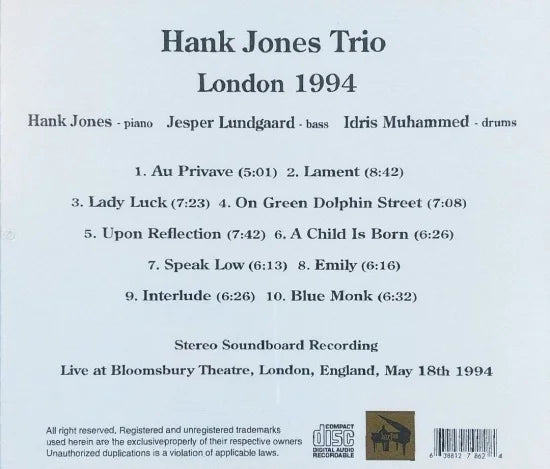 Hank Jones Trio / London 1994 STEREO SOUNDBOARD (1CDR)
