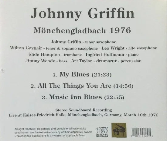 Johnny Griffin / Monchengladbach 1976 STEREO SOUNDBOARD (1CDR)