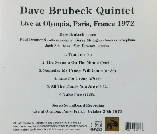 Dave Brubeck Quintet / Live at Olympia, Paris, France 1972 (1CDR)