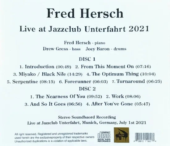 Fred Hersch Trio / Live at Jazzclub Unterfahrt 2021 (2CDR)