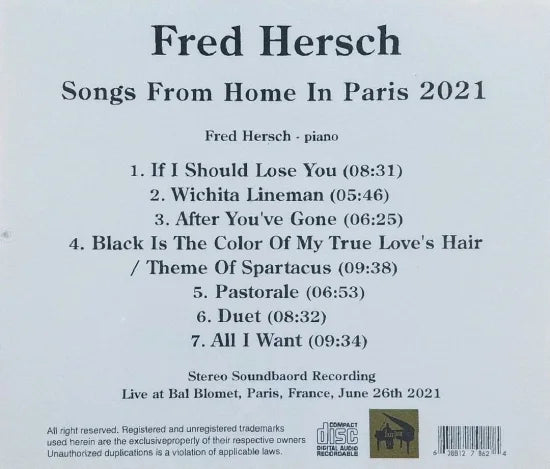 Fred Hersch / Songs From Home In Paris 2021 STEREO SOUNDBOARD (1CDR)