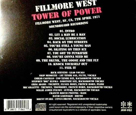 TOWER OF POWER / Fillmore West 1971  SOUNDBOARD (1CDR)