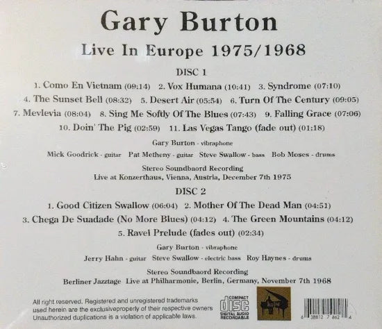 Gary Burton / Live In Europe 1975/1968 STEREO SOUNDBOARD (2CDR)