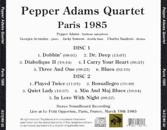 Pepper Adams Quartet / Paris 1985 STEREO SOUNDBOARD (2CDR)
