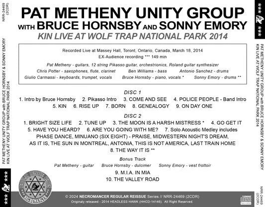 PAT METHENY UNITY GROUP w BRUCE HORNSBY & SONNY EMORY / KIN AT WOLF TRAP NATIONAL PARK 2014 (2CDR)