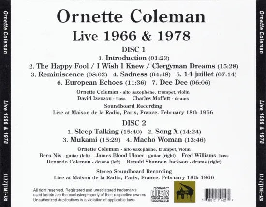 Ornette Coleman / Live 1966/1978 STEREO SOUNDBOARD (2CDR)