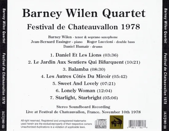 Barney Wilen Quartet / Festival de Chateauvallon 1978 STEREO SOUNDBOARD (1CDR)