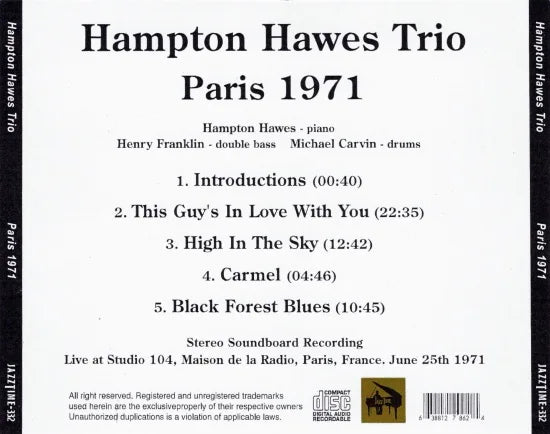 Hampton Hawes Trio / Paris 1971 STEREO SOUNDBOARD (1CDR)