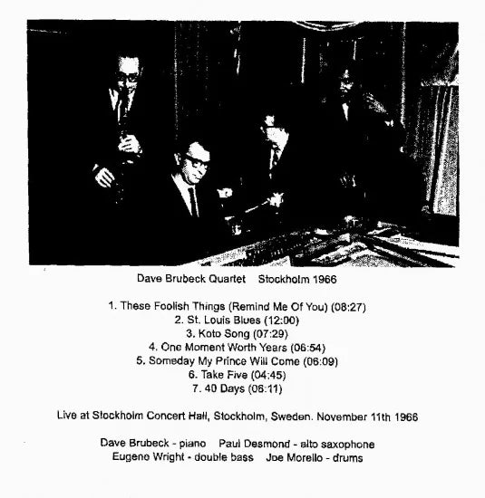 Dave Brubeck Quartet / Stockholm 1966 STEREO SOUNDBOARD (1CDR)