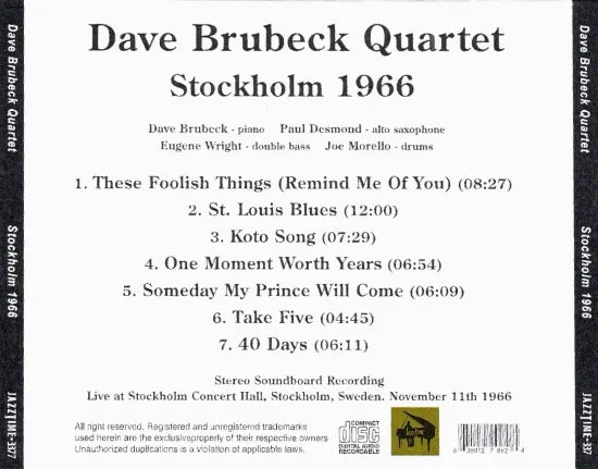 Dave Brubeck Quartet / Stockholm 1966 STEREO SOUNDBOARD (1CDR)