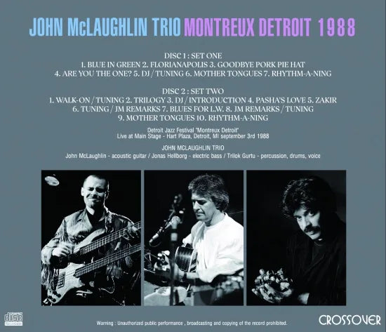 JOHN McLAUGHLIN TRIO / MONTREUX DETROIT 1988 STEREO SOUNDBOARD (2CDR)