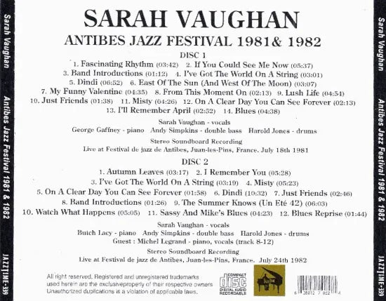 SARAH VAUGHAN / ANTIBES JAZZ FESTIVAL 1981& 1982 (2CDR)