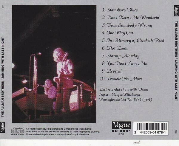 The Allman Brothers Band Jamming With Last Night CD 1 Disc 10 Tracks Music Rock